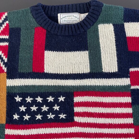 Vintage Y2K American Eagle Men Sweater Size XL 100% Wool Flag Patchwork Preppy - Picture 3 of 15